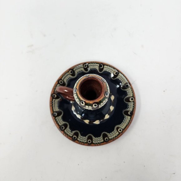 Vintage Bulgarian Redware Folk Art Handcrafted Troyan Ceramic Candle Holder Blue - Picture 6 of 10